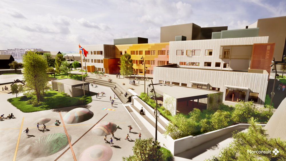 Wilds Minne Skole i Kristiansand, bygget av Veidekke med fokus på bærekraft.
Innglasset gangbro til flerbrukshallen ved Wilds Minne Skole.